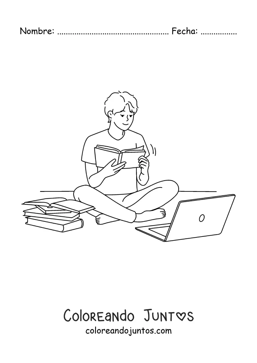 Imagen para colorear de un niño haciendo sus tareas con ayuda de una laptop