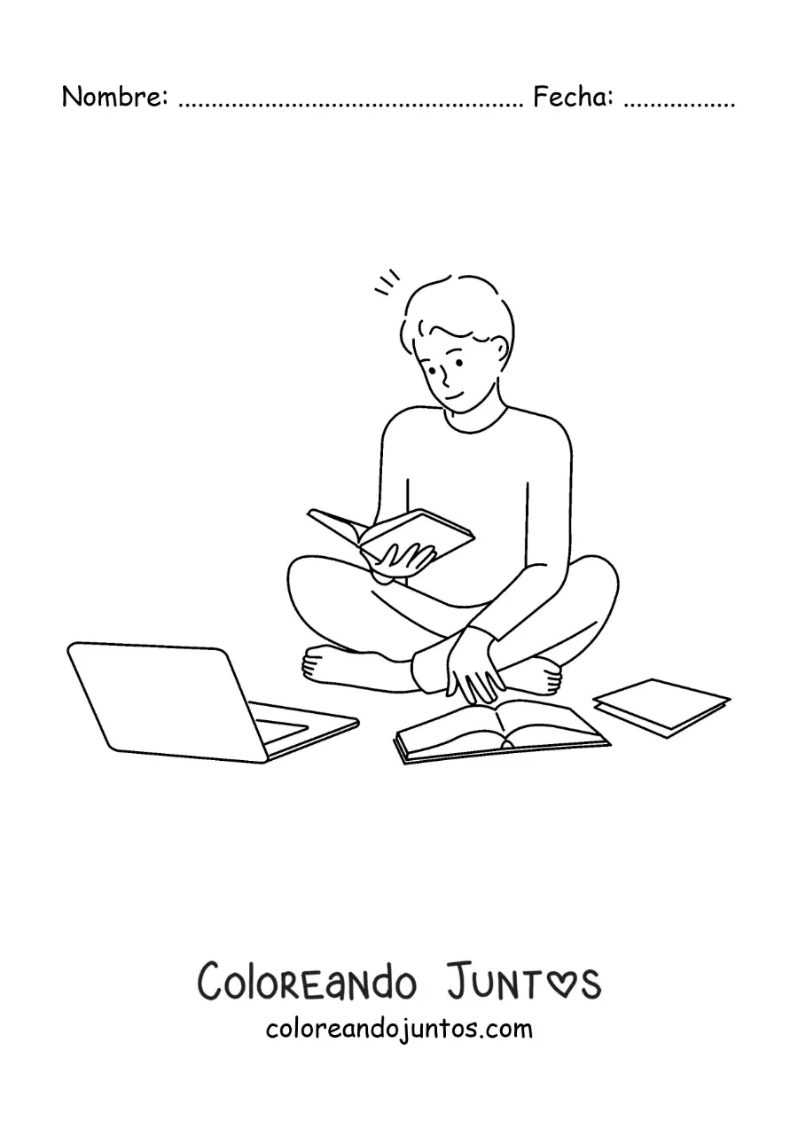 Imagen para colorear de un niño estudiando para la escuela con libros y una laptop