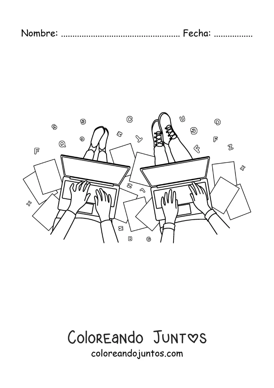 Imagen para colorear de dos jóvenes sentados haciendo sus deberes en computadoras