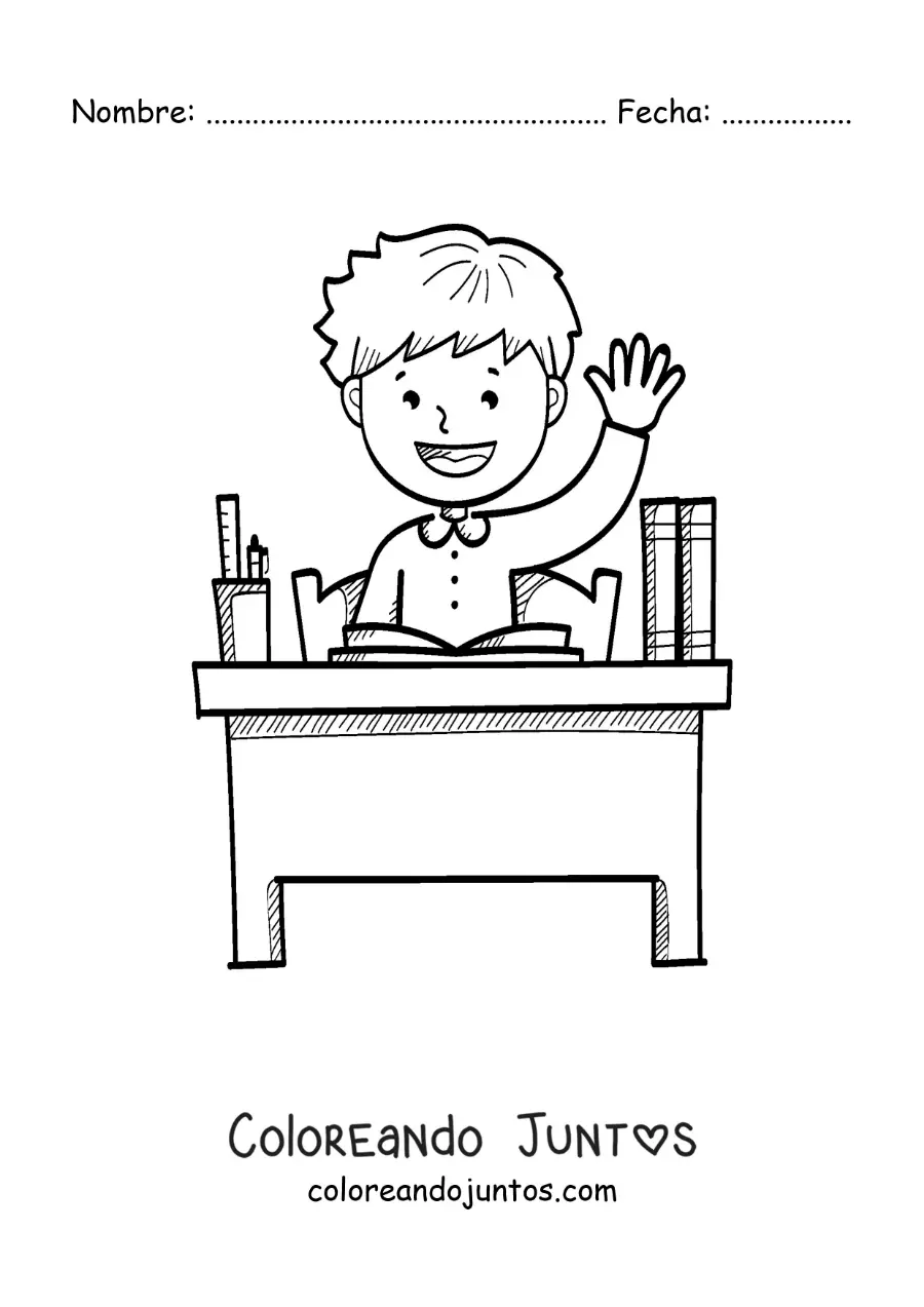 Imagen para colorear de un niño alzando la mano en un escritorio