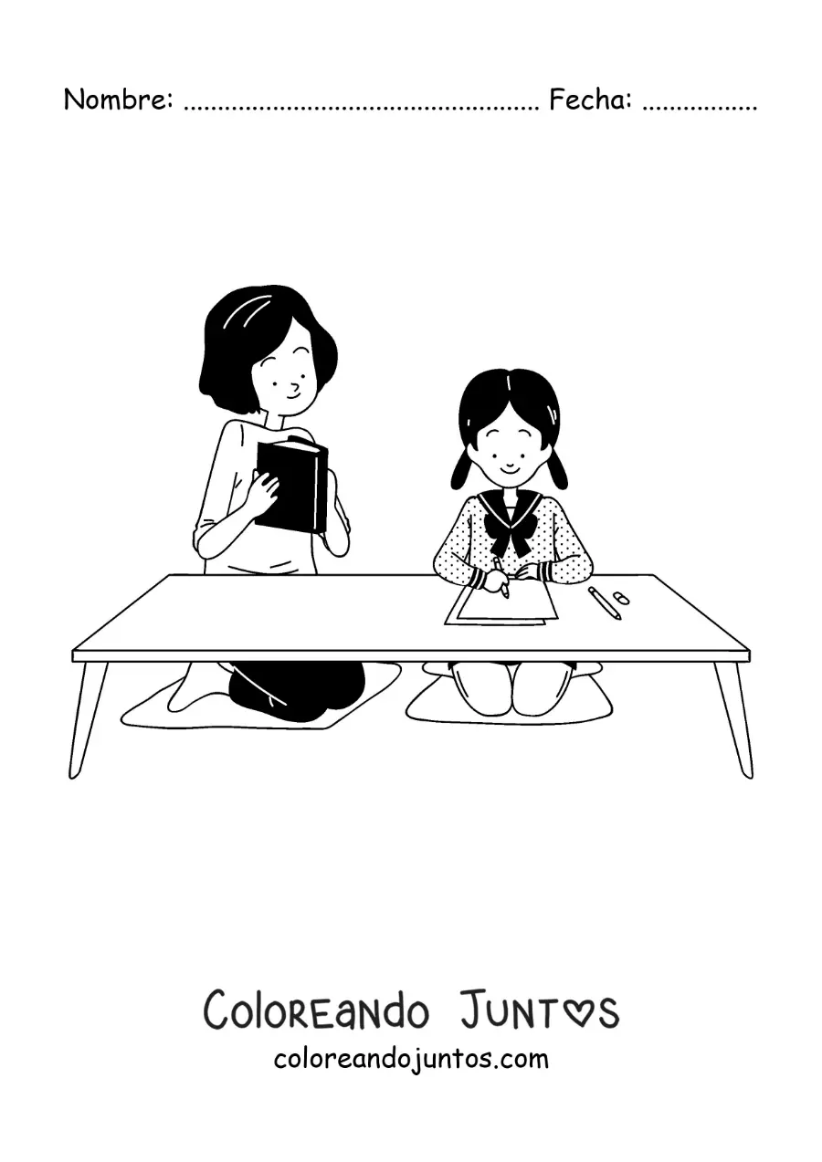 Imagen para colorear de una mamá ayudando a su hija a con la tarea después de la escuela