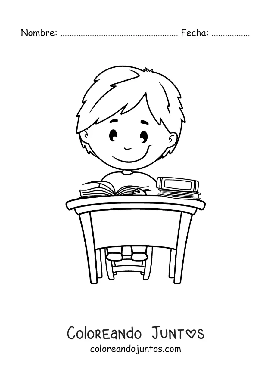 Imagen para colorear de un niño sentado leyendo en un escritorio