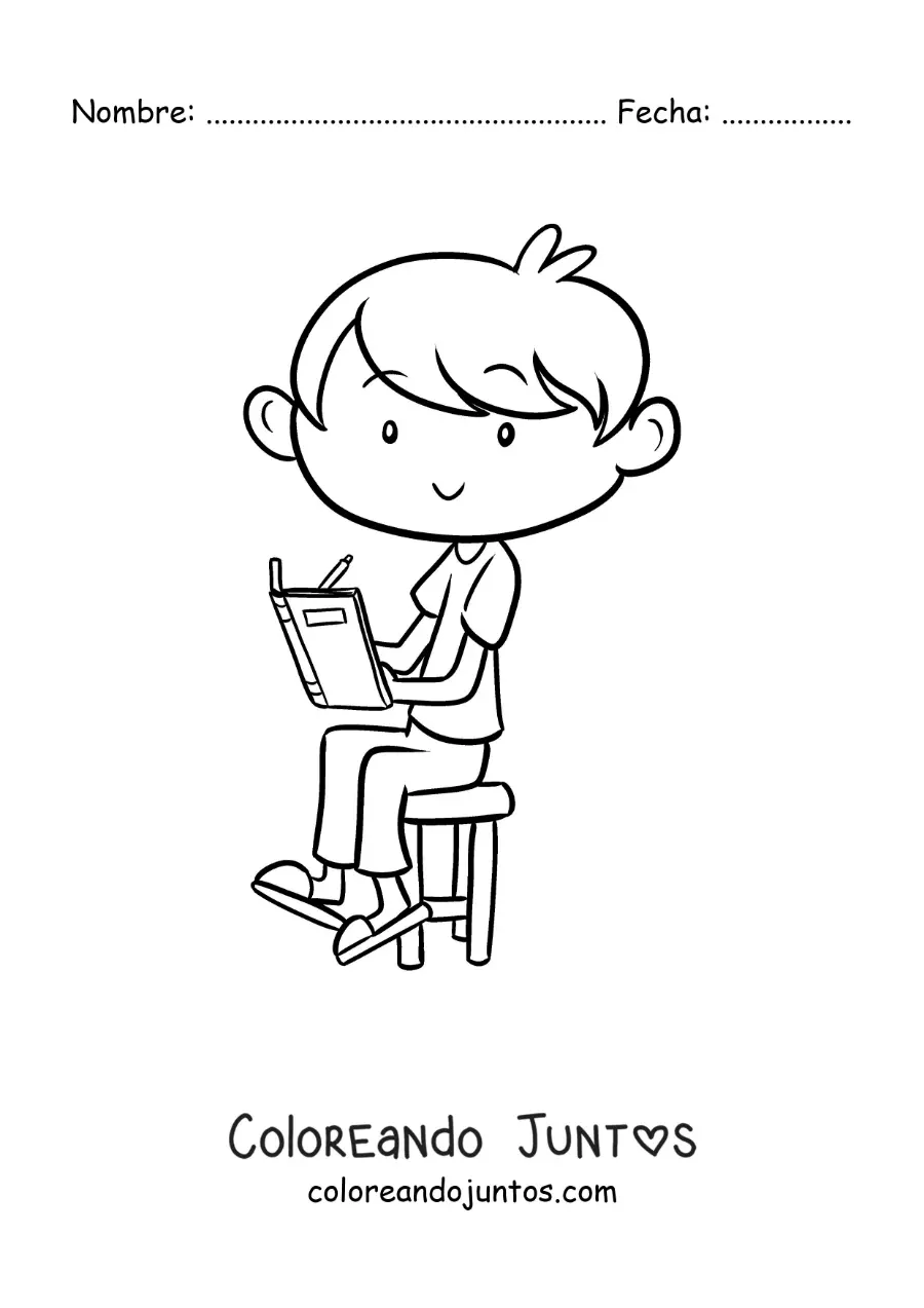 Imagen para colorear de un niño sentado en una silla haciendo su tarea