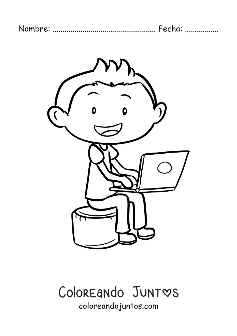 Imagen para colorear de un niño sentado haciendo sus deberes en una computadora