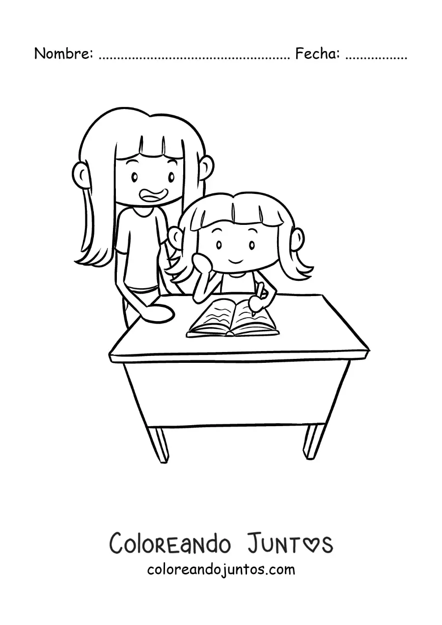 Imagen para colorear de una niña ayudando a su hermana a hacer los deberes