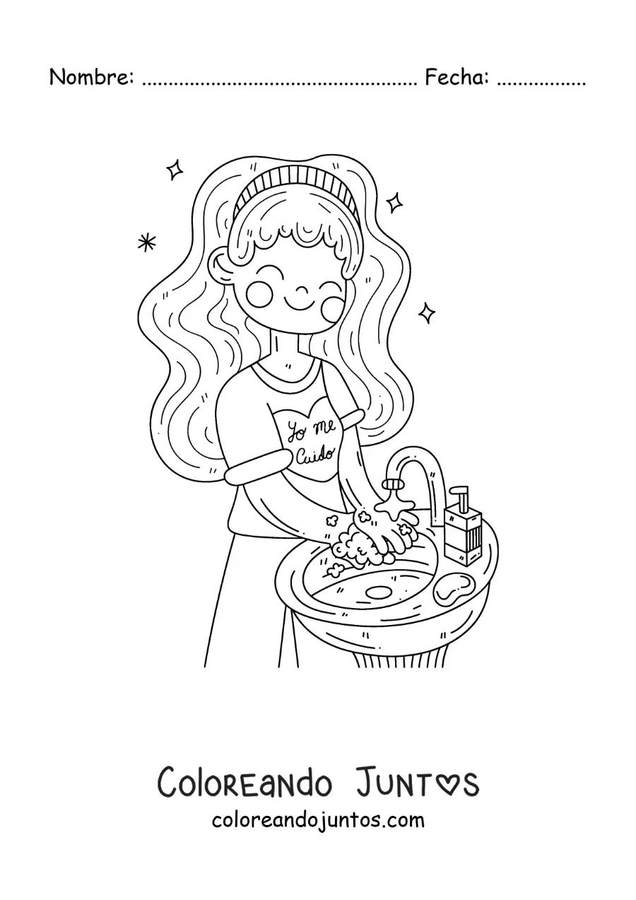 Imagen para colorear de una niña lavando sus manos antes de comer