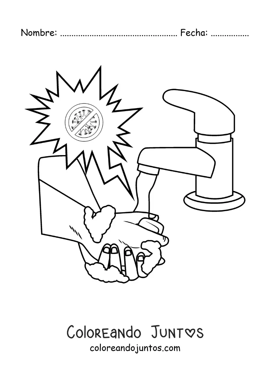 Imagen para colorear de un par de manos con espuma bajo el chorro de agua protegidas de un virus animado