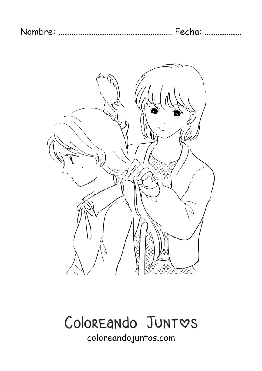 Imagen para colorear de una madre peinando a su hija para ir a la escuela