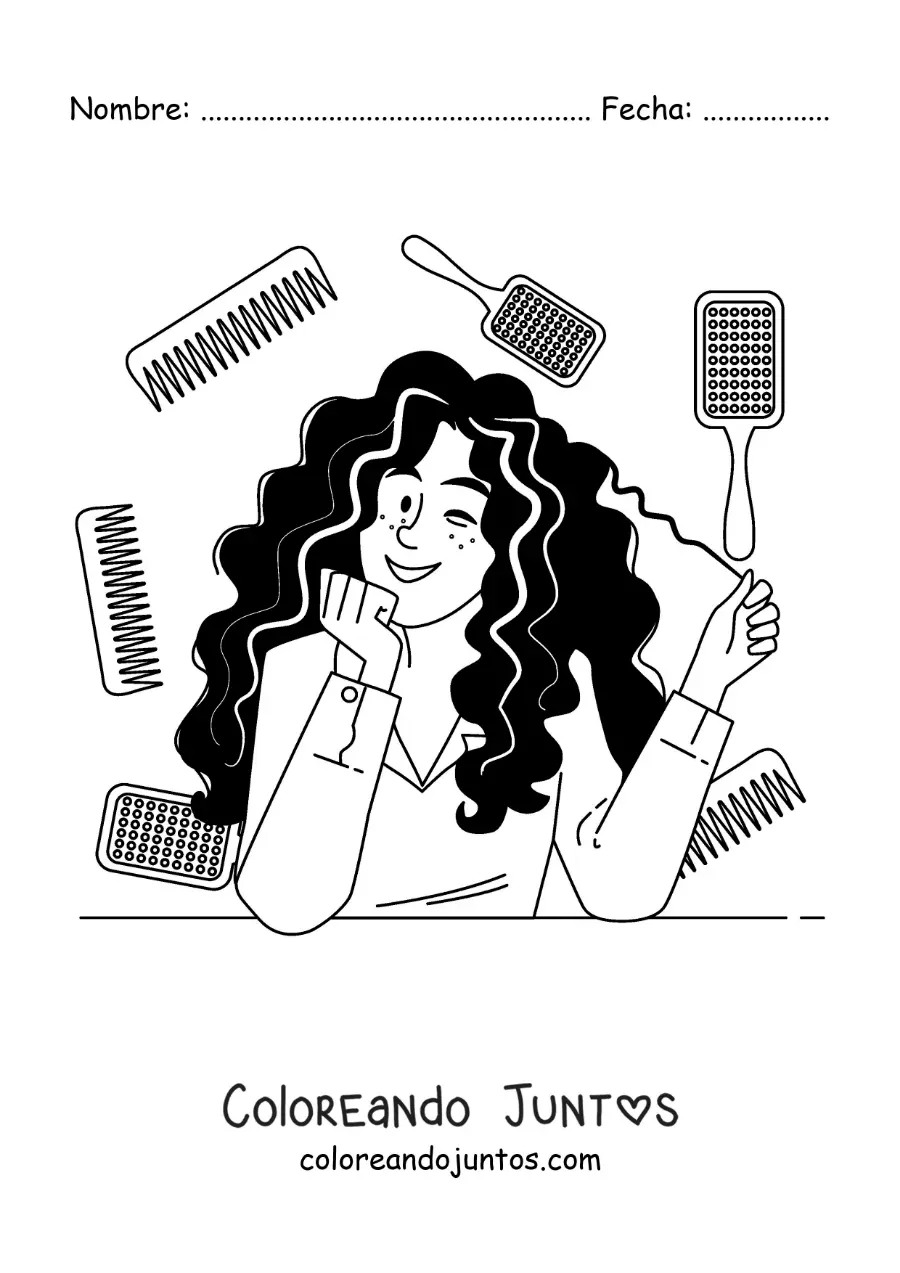 Imagen para colorear de una mujer con cabello rizado peinándose