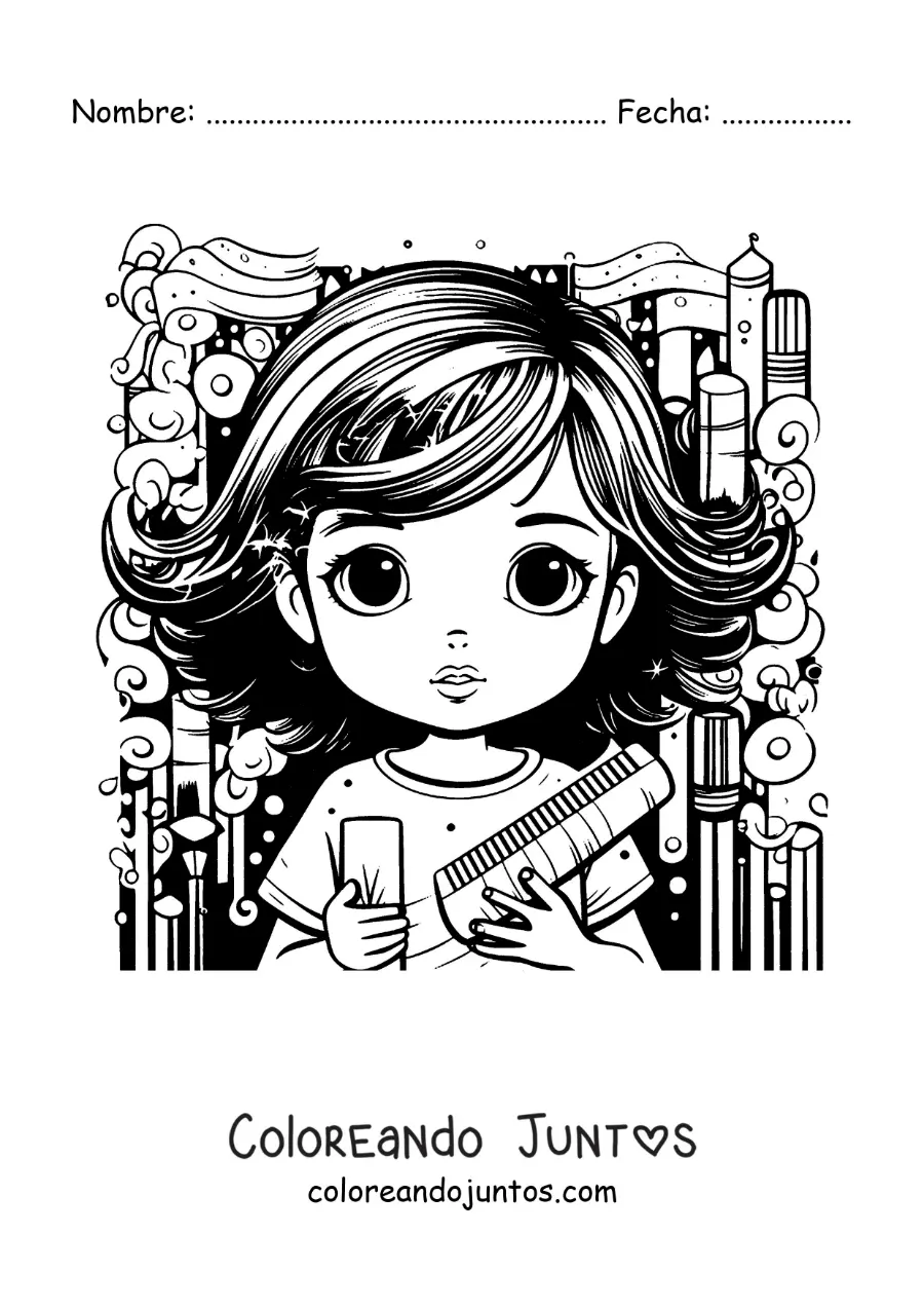 Imagen para colorear de una niña despeinada con un cepillo y un peine