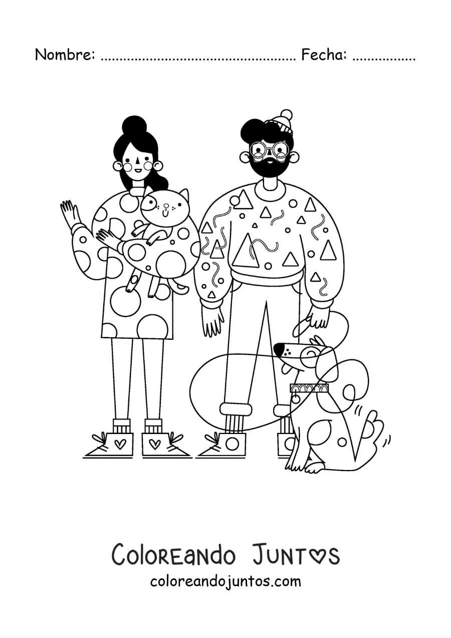 Imagen para colorear de una pareja con su gato y su perro con correa