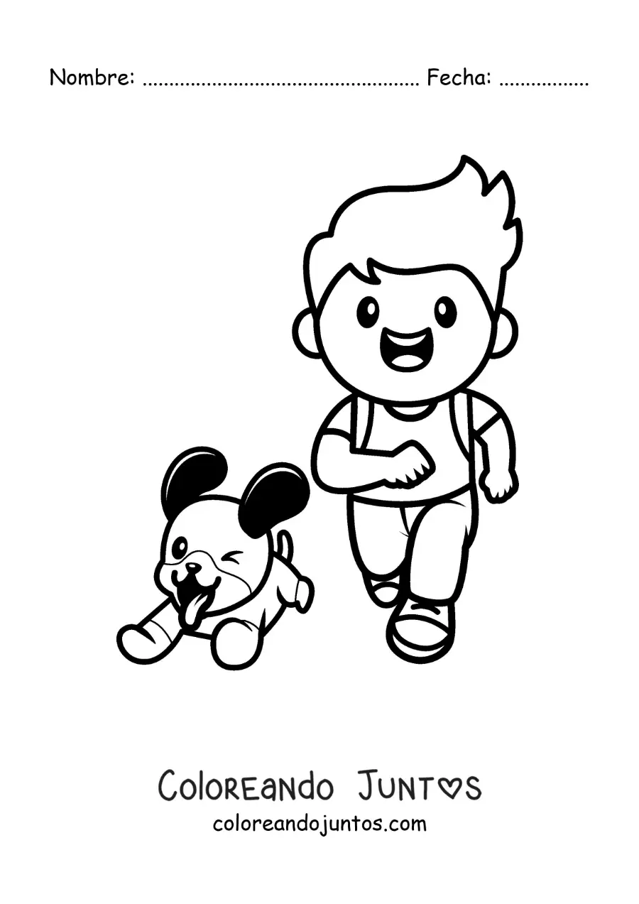 Imagen para colorear de un niño corriendo con su perro kawaii