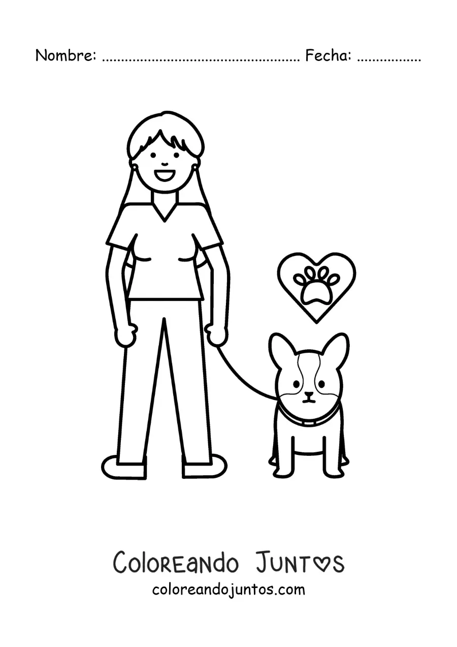 Imagen para colorear de una chica paseando a su perrito con correa