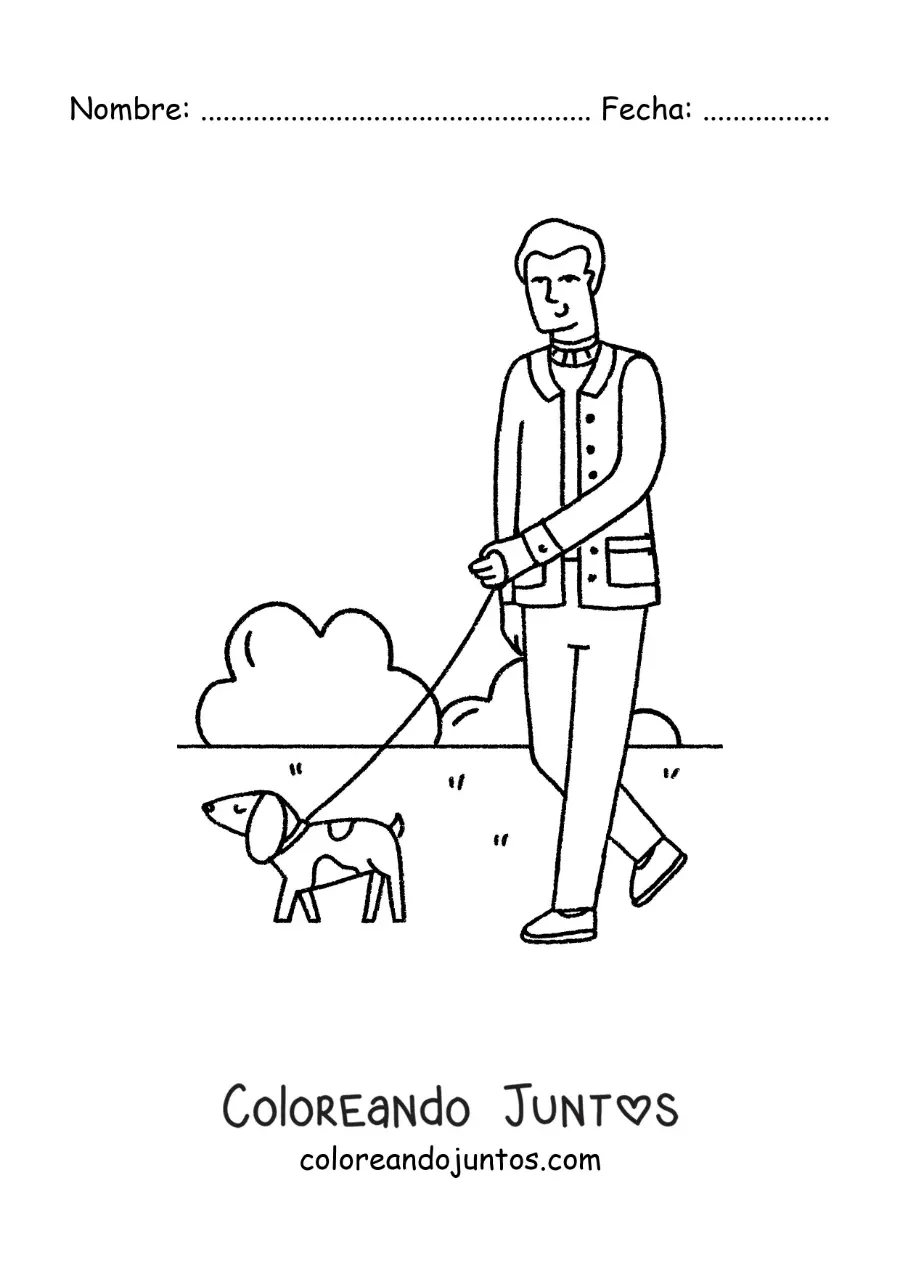 Imagen para colorear de un hombre paseando a su perro en el parque