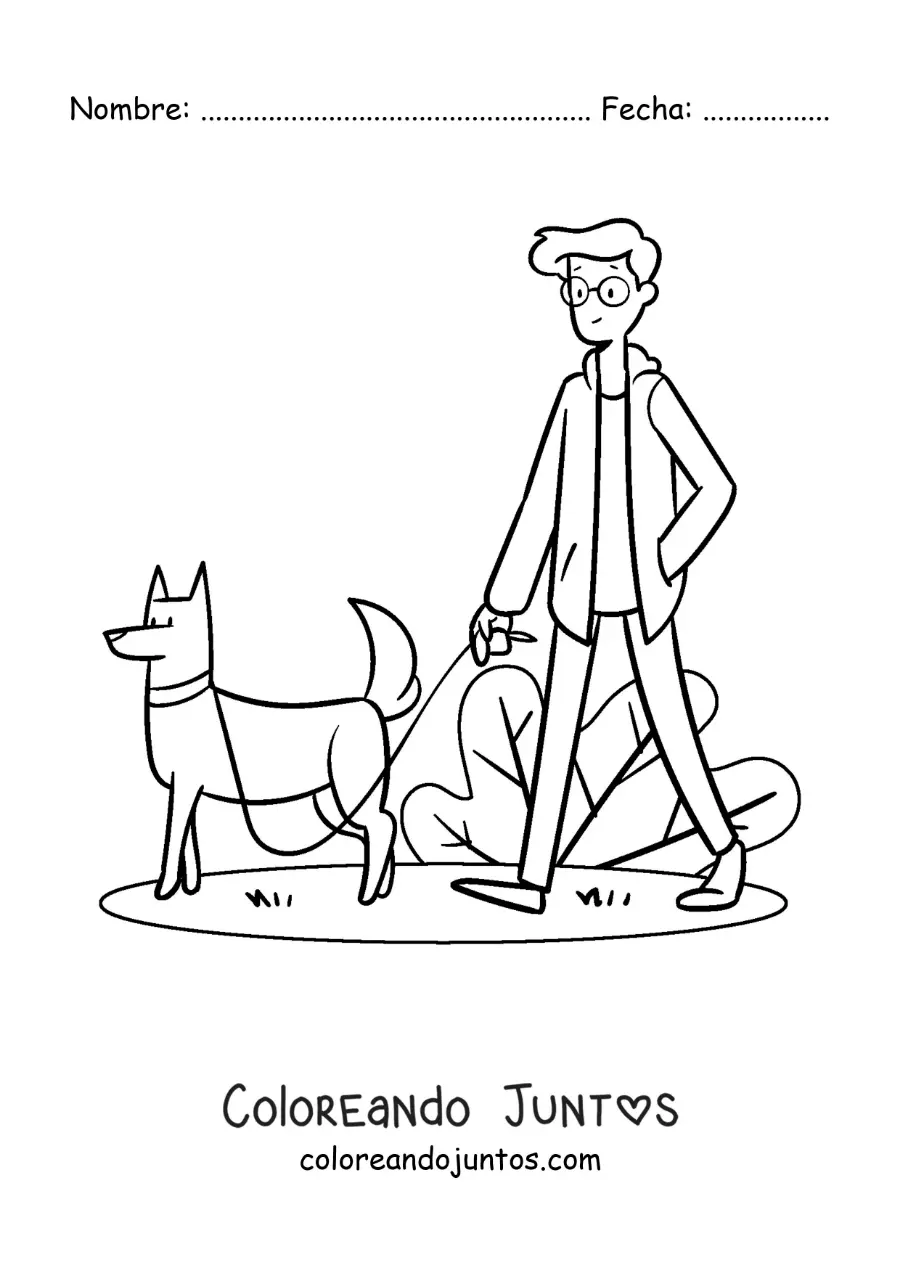 Imagen para colorear de un joven sacando a su perro a pasear al parque