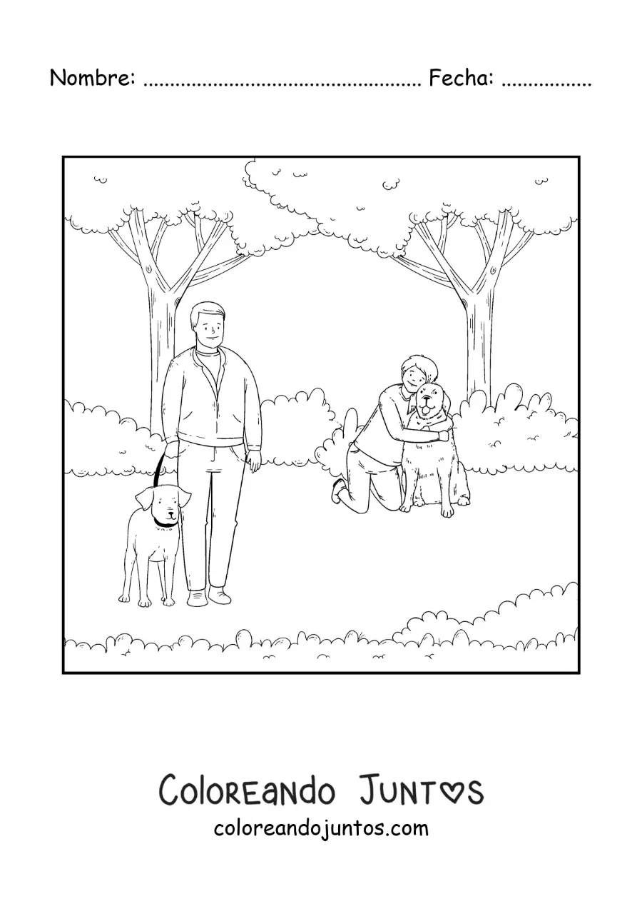 Imagen para colorear de varias personas de paseo con sus perros en el parque