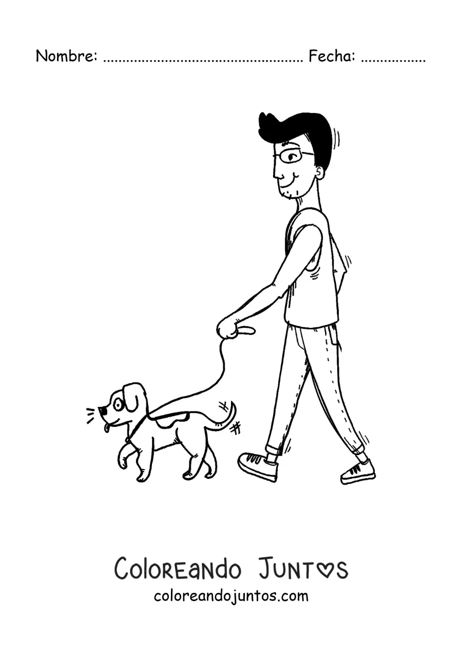 Imagen para colorear de una caricatura de un hombre paseando a su perro