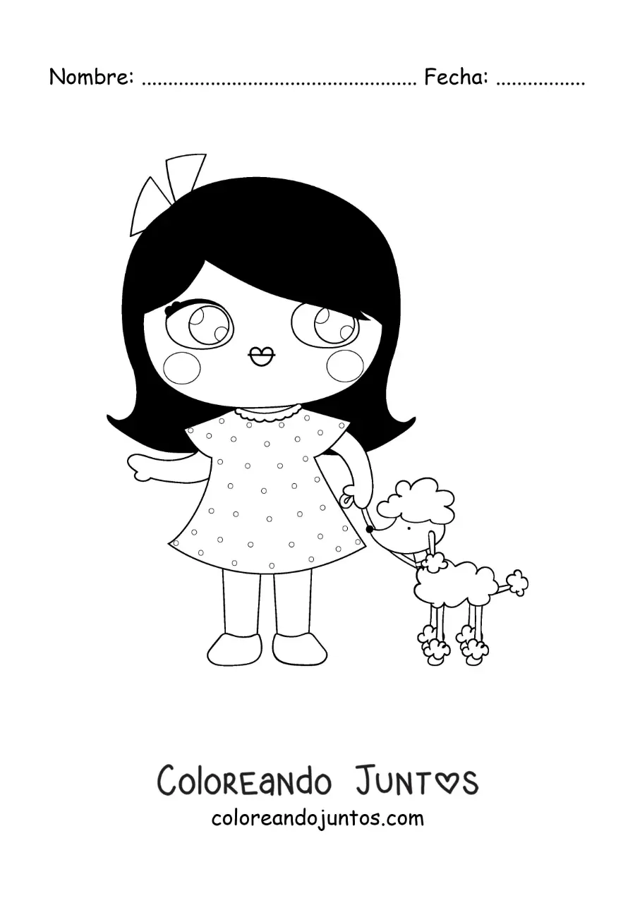 Imagen para colorear de una muñeca animada paseando a su perrito
