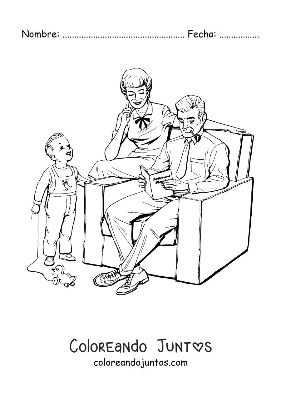 Imagen para colorear de una familia al estilo vintage