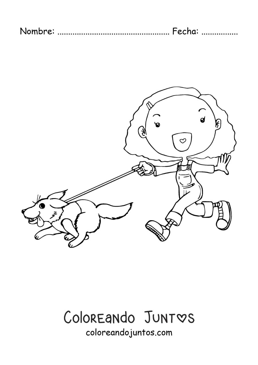 Imagen para colorear de una niña animada paseando a su perro
