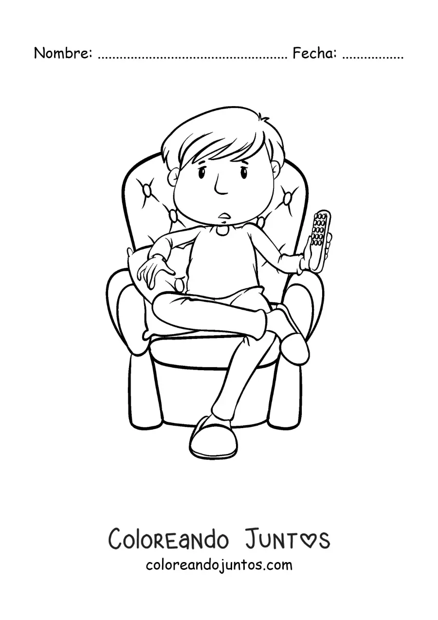 Imagen para colorear de un niño sentado con el control de la tele