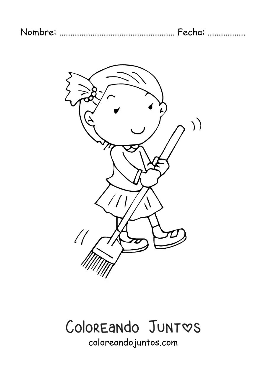 Imagen para colorear de una niña ayudando a barrer en casa