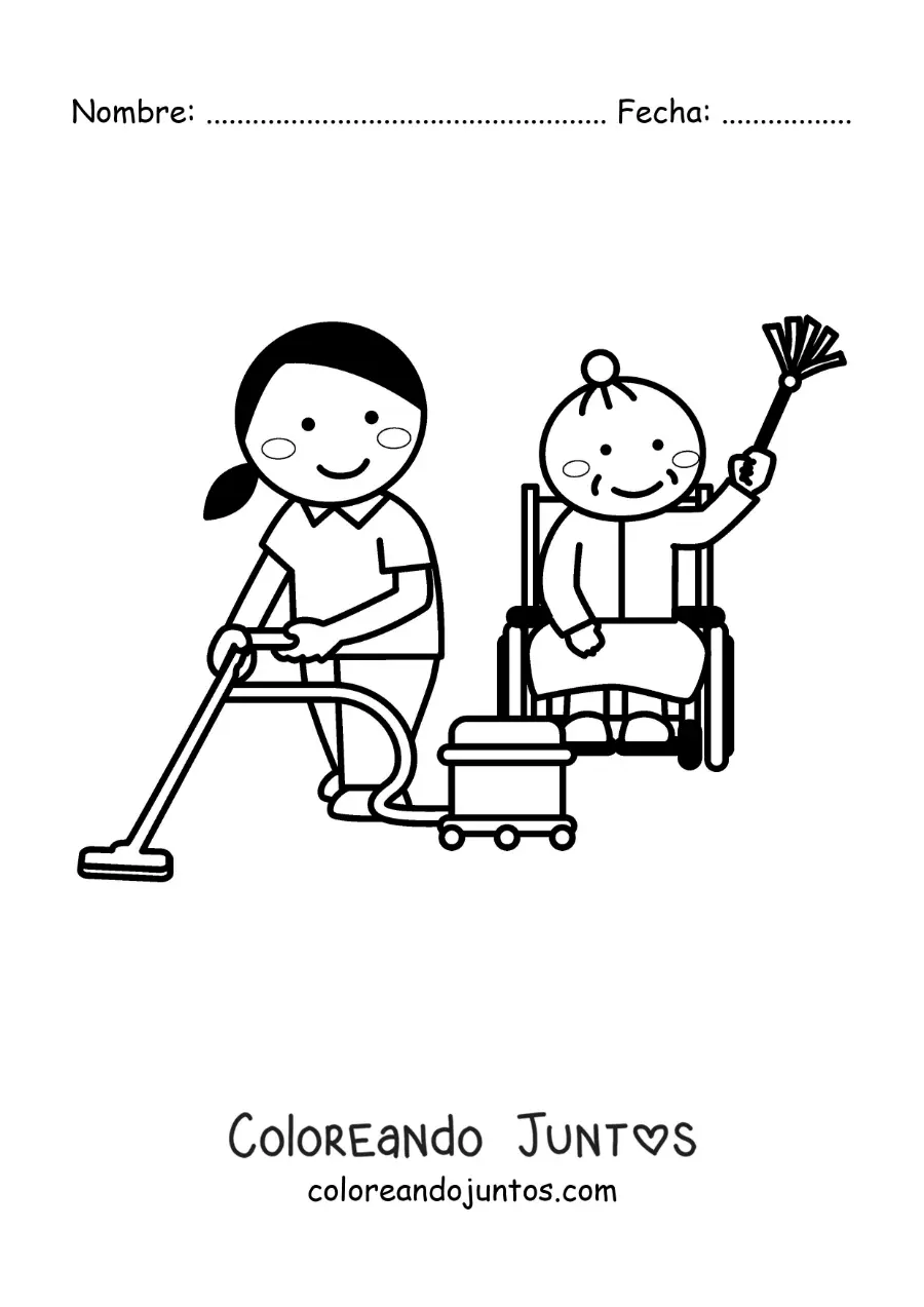 Imagen para colorear de una chica y una abuela limpiando la casa