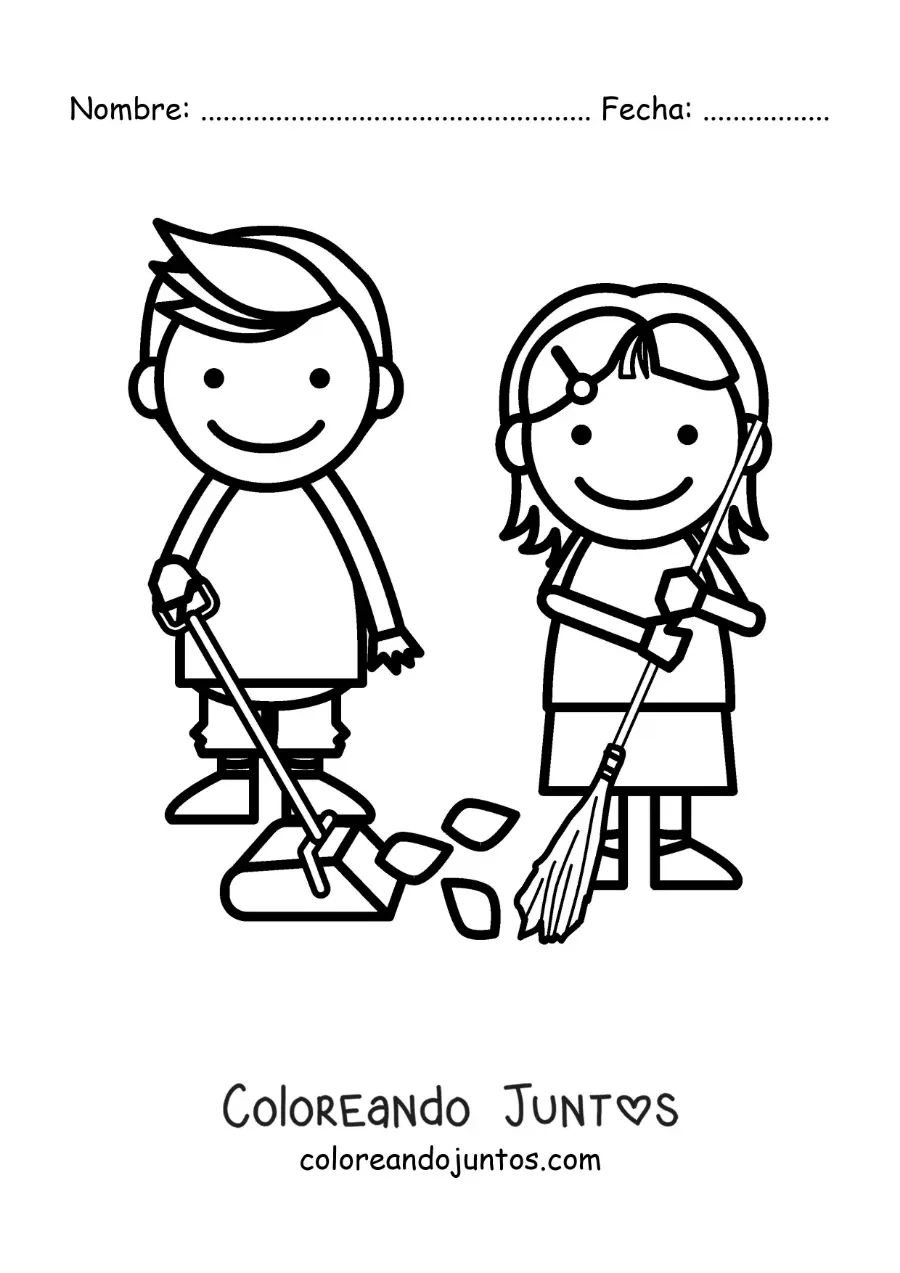 Imagen para colorear de dos niños barriendo en casa