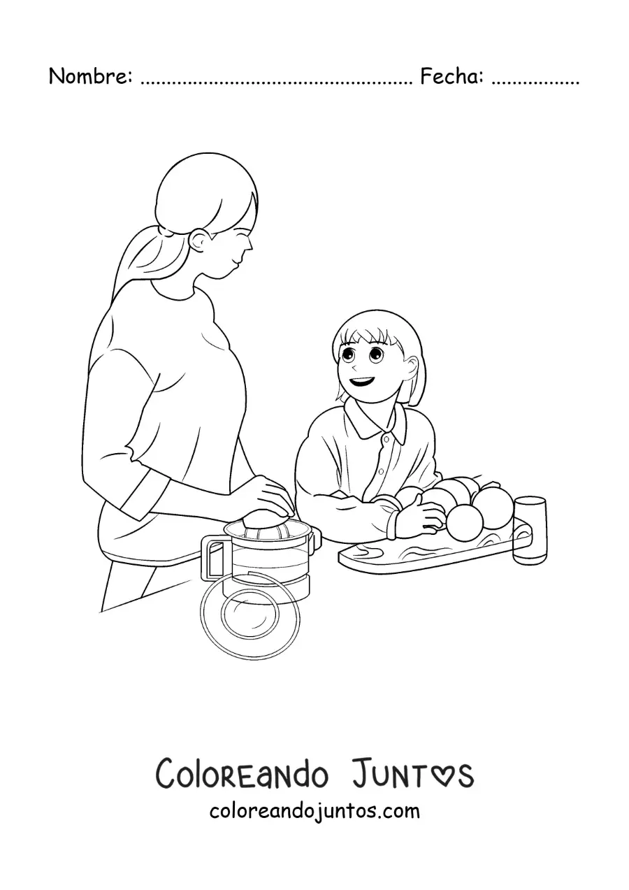 Imagen para colorear de una madre y su hija cocinando