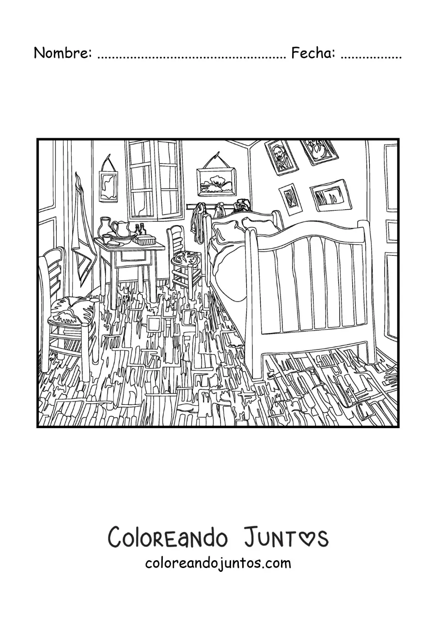 Imagen para colorear de el dormitorio en arlés de van gogh