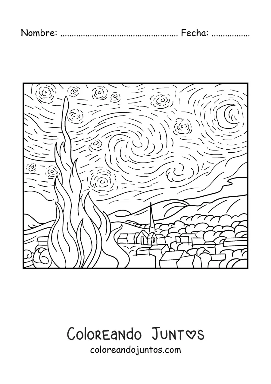 Imagen para colorear de la noche estrellada de van gogh