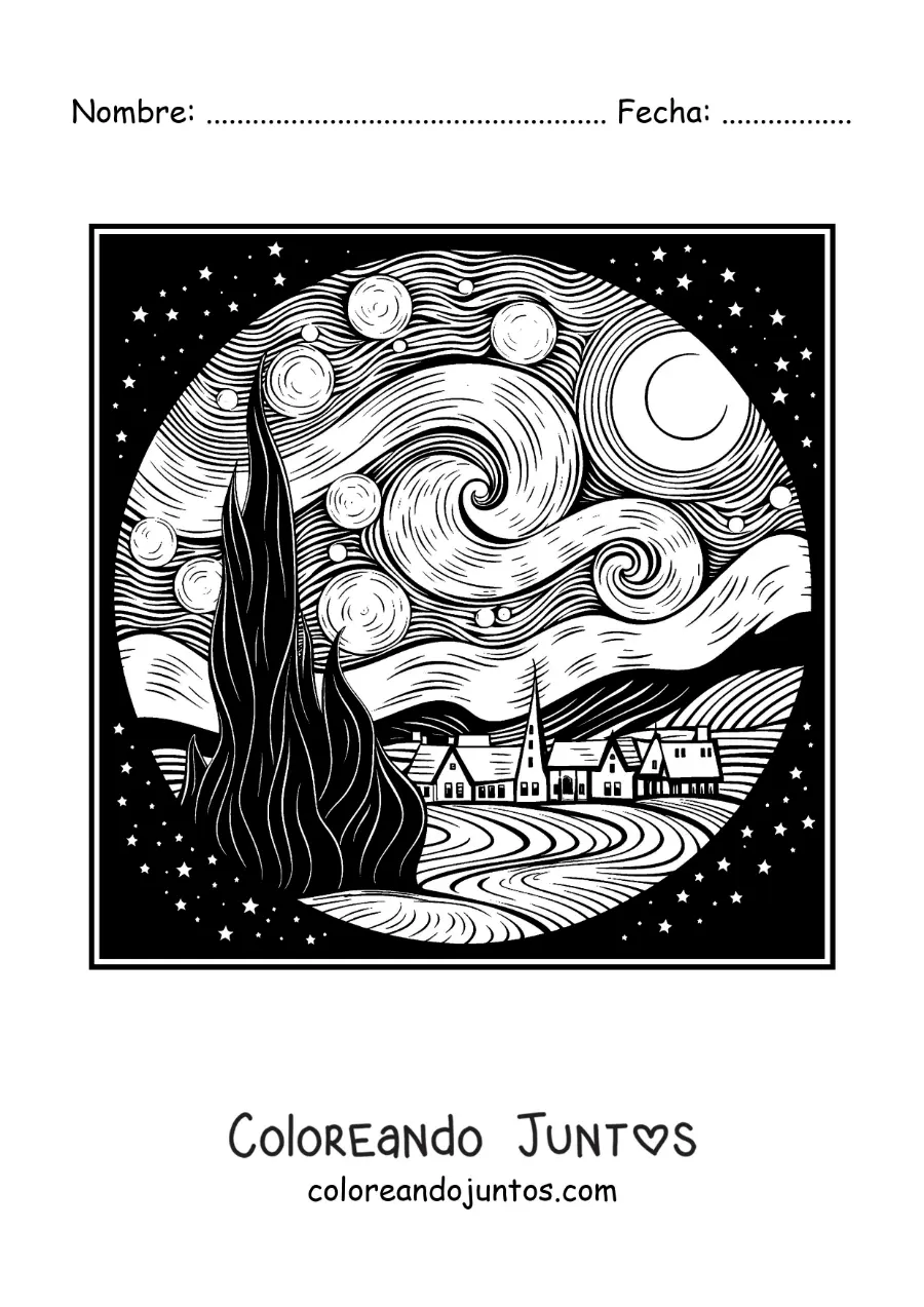 Imagen para colorear de cuadro la noche estrellada de vincent van gogh