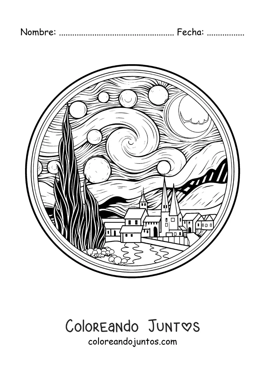 Imagen para colorear de la noche estrellada para niños