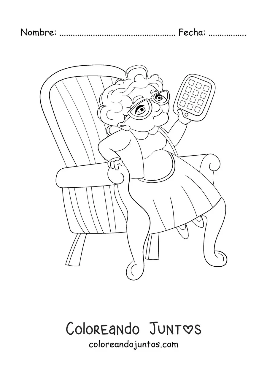 Imagen para colorear de una abuela sujetando una tablet