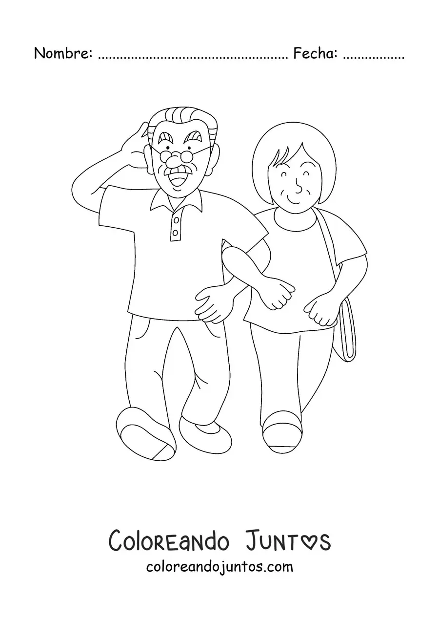 Imagen para colorear de una abuela y un abuelo caminando juntos