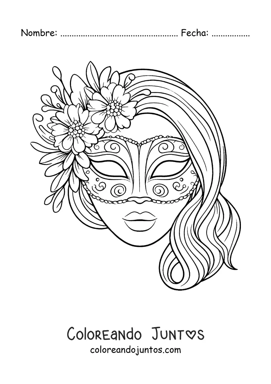 Imagen para colorear de máscara de reina del carnaval con flores para niñas