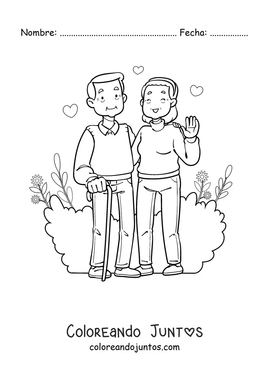 Imagen para colorear de una pareja de abuelos saludando alegres