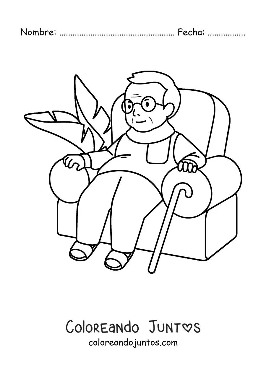 Imagen para colorear de un abuelo con bastón sentado en un sillón