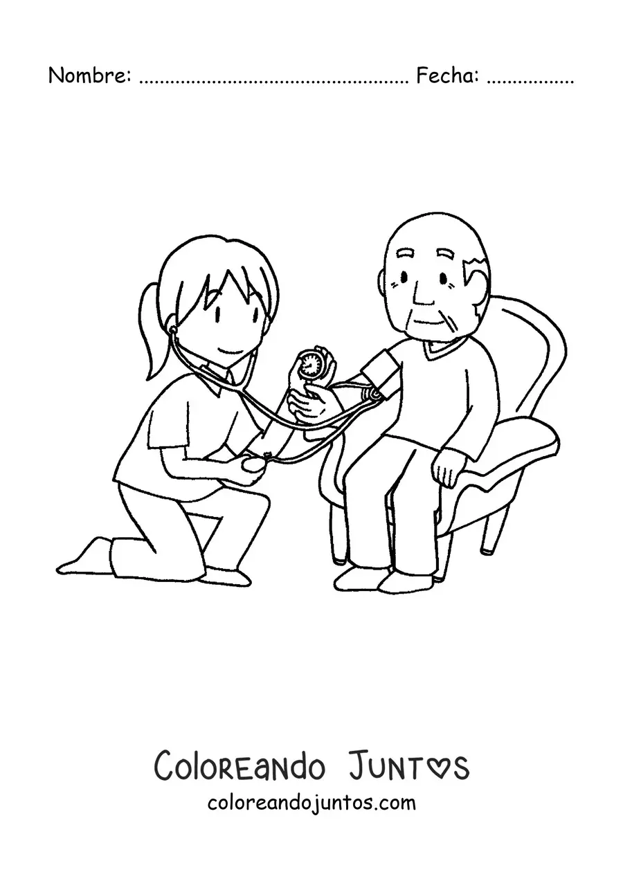 Imagen para colorear de un abuelo en cita médica junto a una doctora