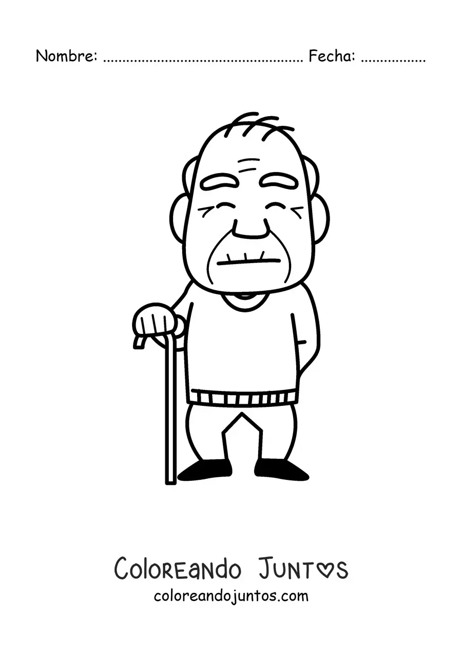 Imagen para colorear de un abuelo de pie sosteniendo un bastón