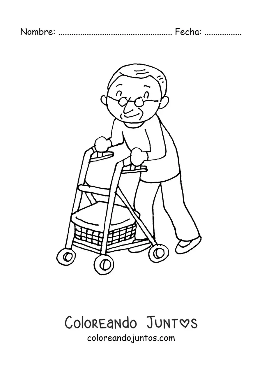 Imagen para colorear de un abuelo kawaii caminando con un andador