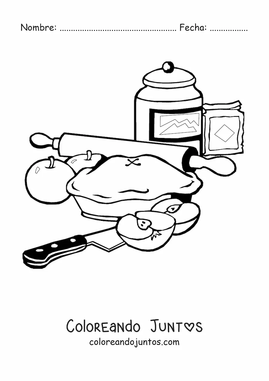 Imagen para colorear de un pie de manzana con ingredientes, un cuchillo y un rodillo