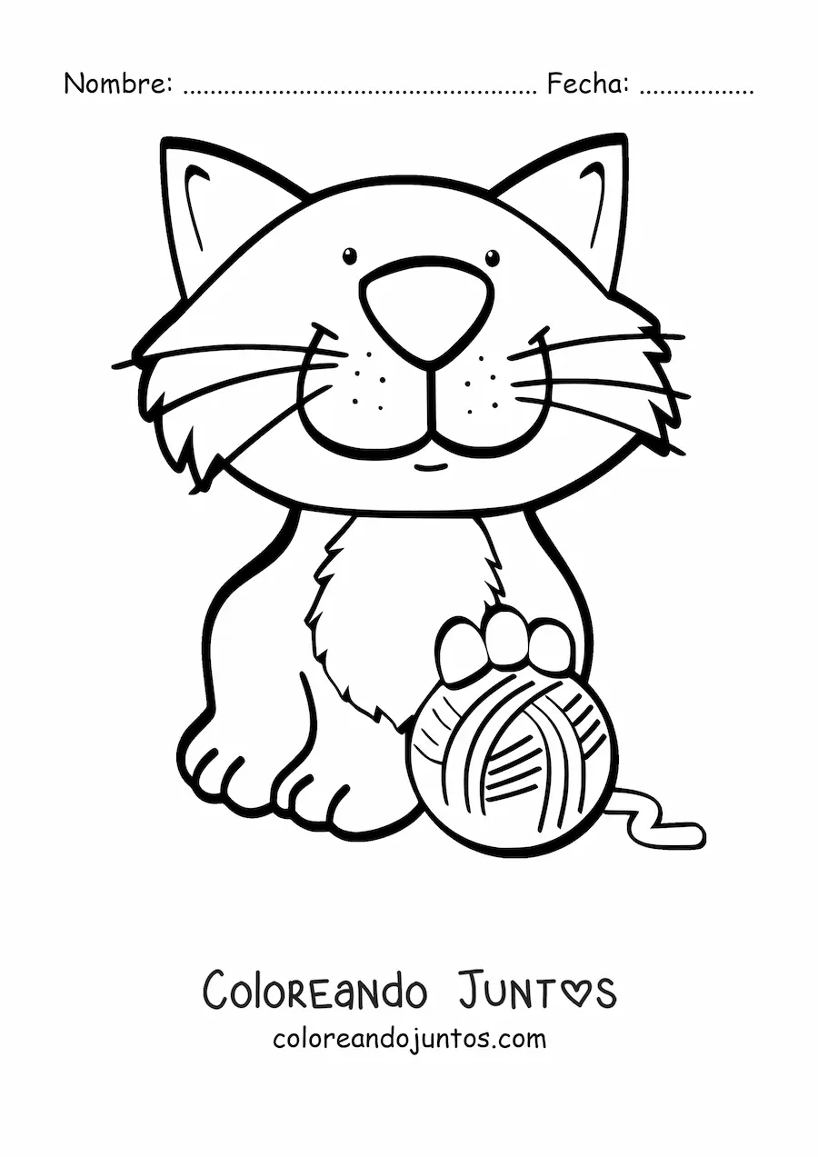 Imagen para colorear de un gato animado sentado jugando con un ovillo