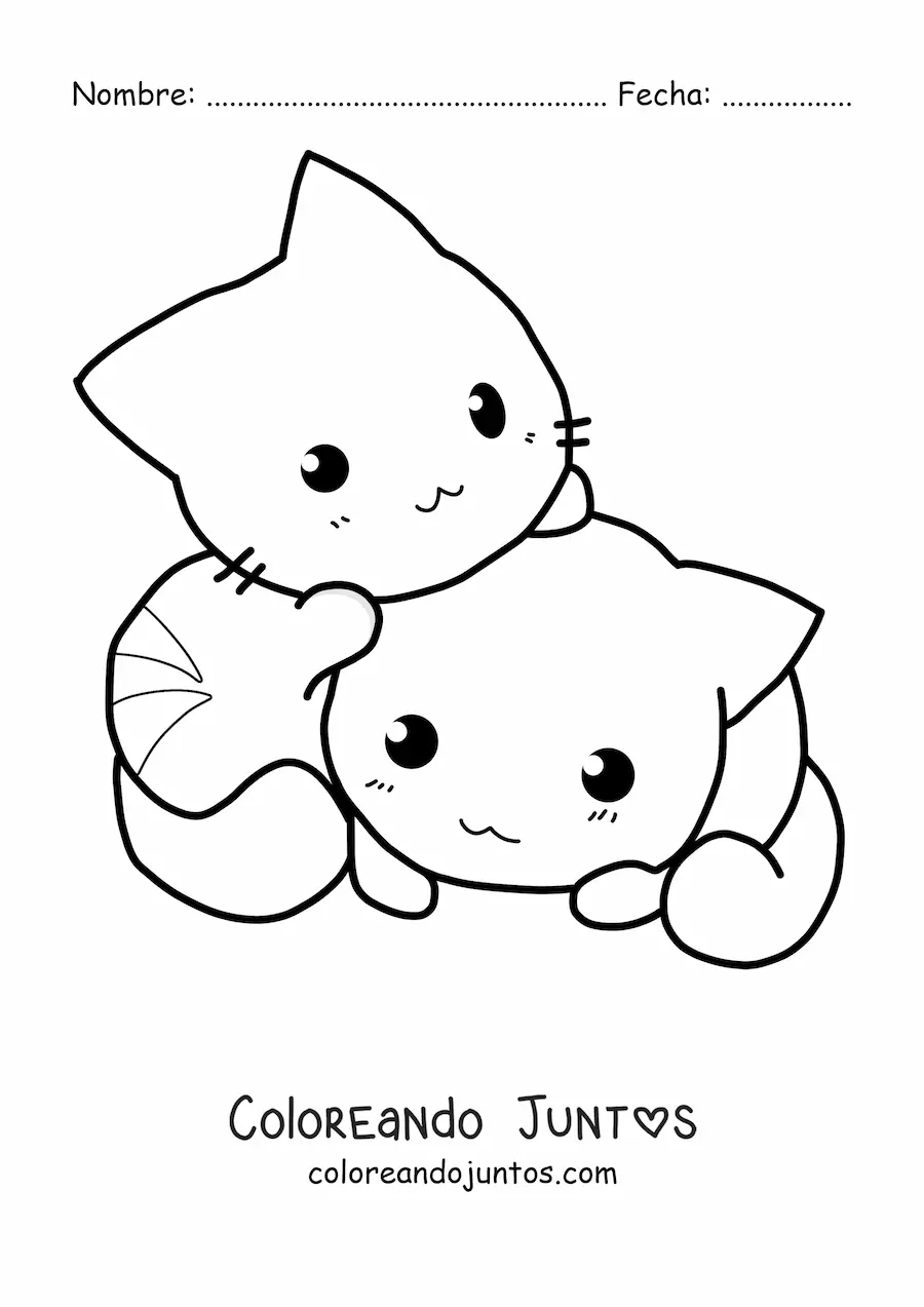 Imagen para colorear de dos gatos kawaii jugando