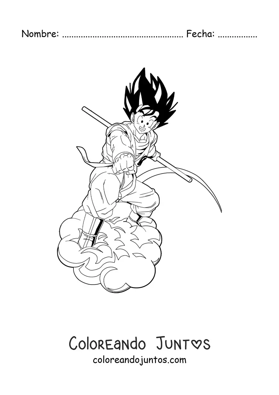 Imagen para colorear de Goku adulto sobre la Nube voladora