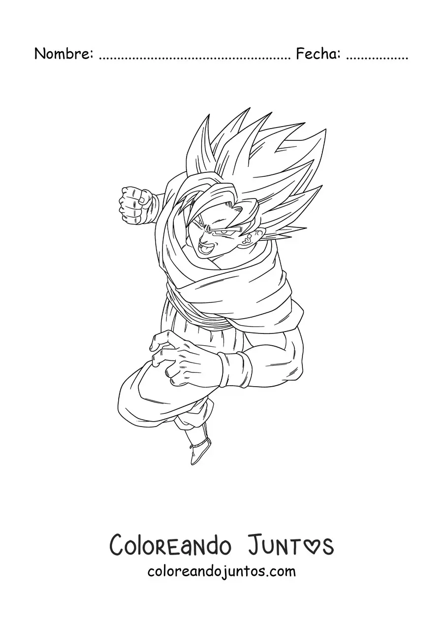 Imagen para colorear de Goku en pose de lucha en modo Super Saiyajin de fase 1