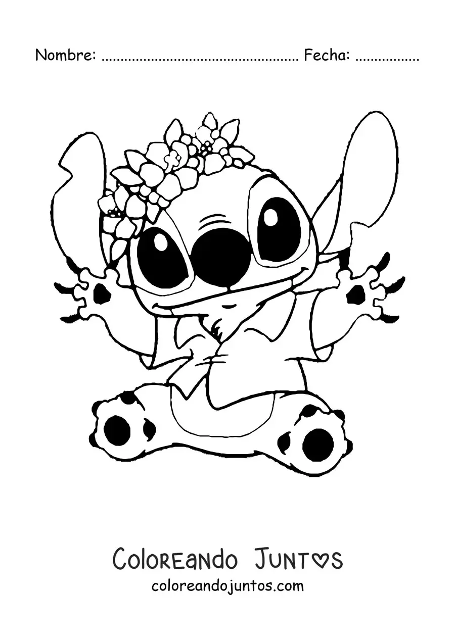 Imagen para colorear de Stitch sentado saludando con flores en la cabeza