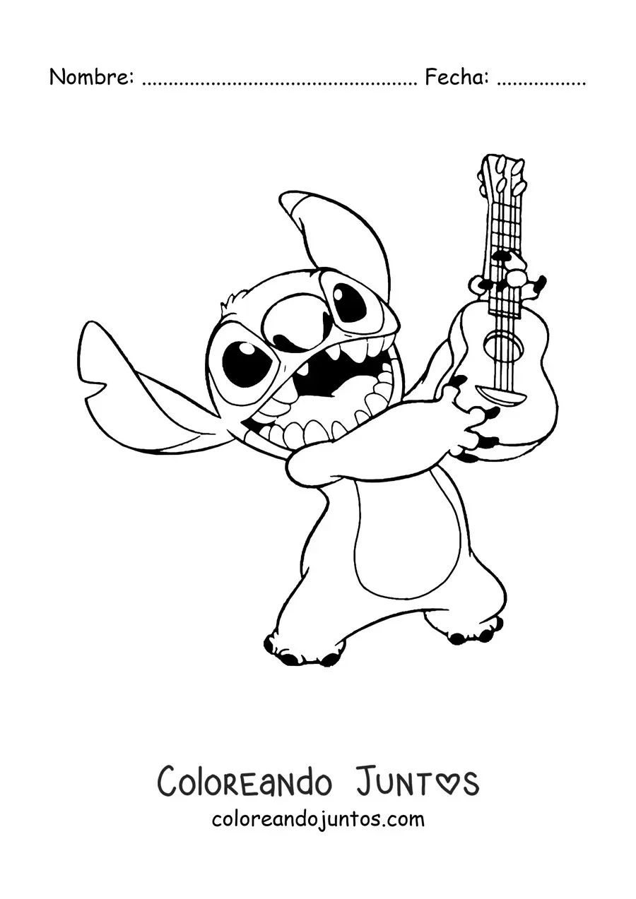 Imagen para colorear de Stitch feliz sujetando un ukelele
