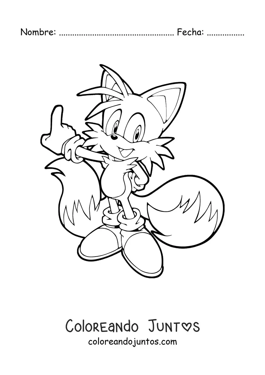 Imagen para colorear de Tails de Sonic señalando hacia la izquierda