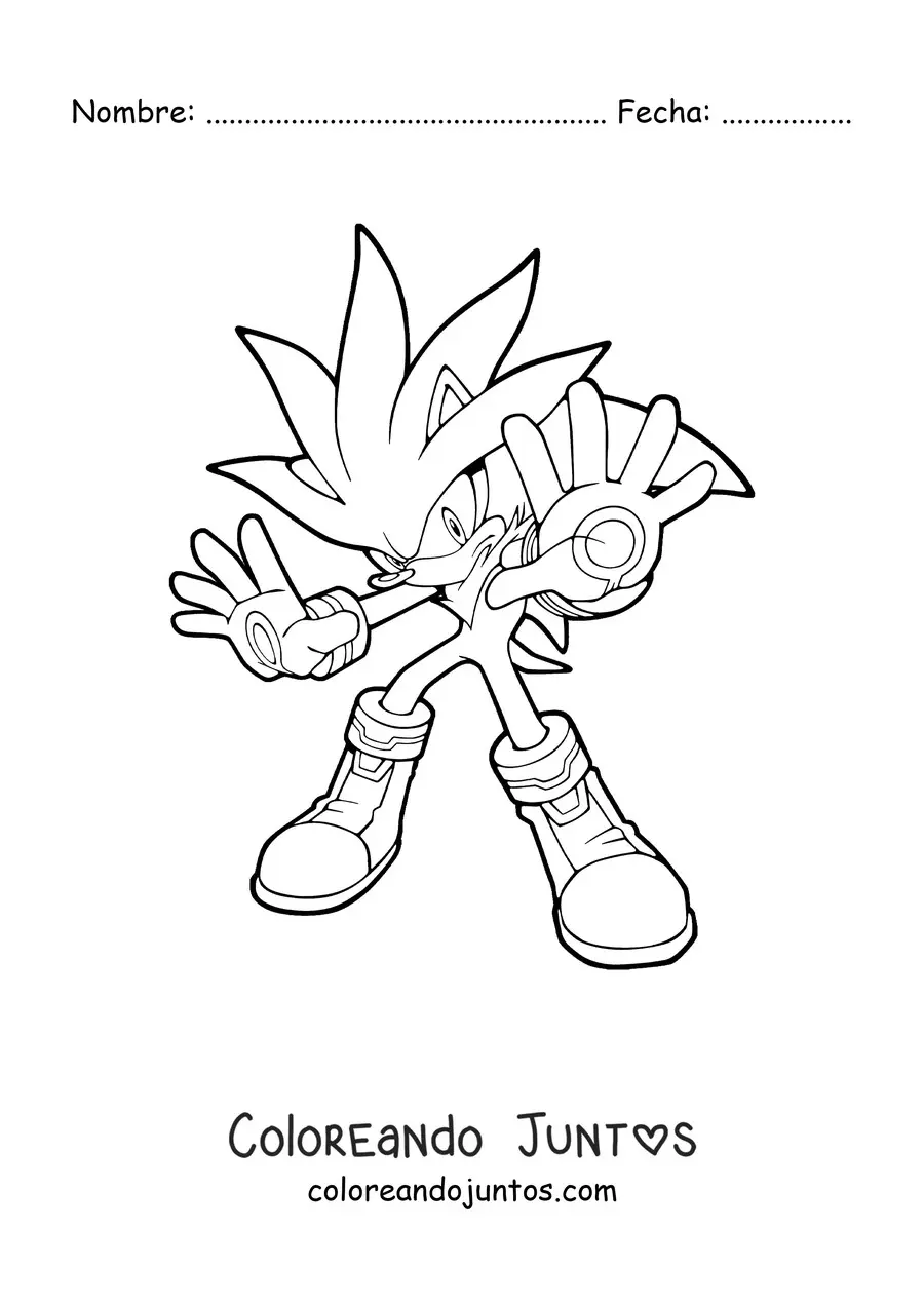 Imagen para colorear de Silver de Sonic con las manos al frente